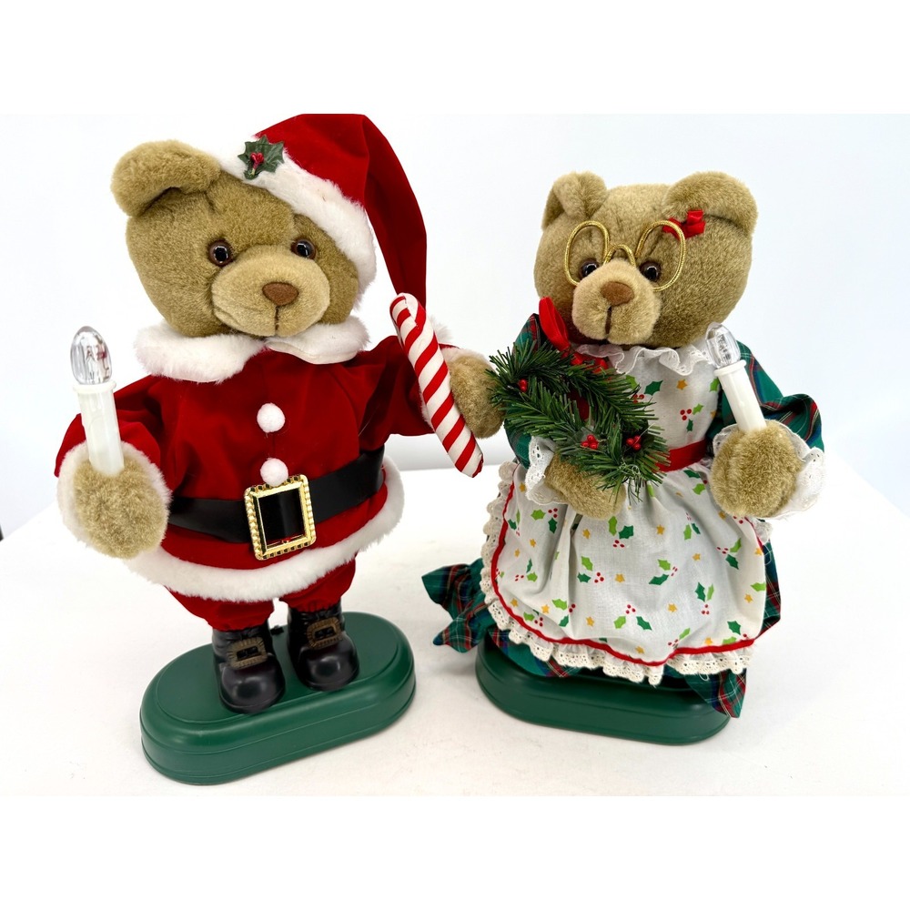 1996 Avon Animated Teddy Bear Couple Santa & Mrs Claus Musical Figures READ